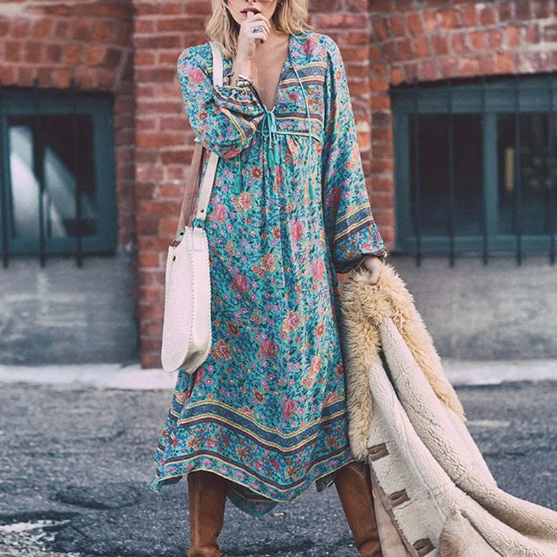 Bohemian V-neck Print Long Sleeves Tee Length Plus Size Dress Formal Plus Gown