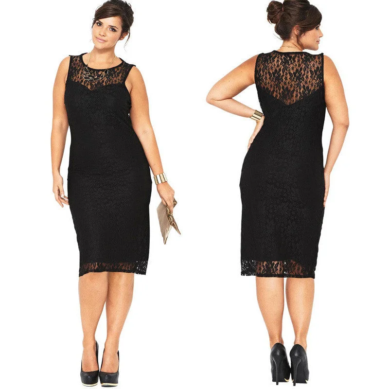 Plus Size Black Lace Sleeveless Scoop Knee-Length Dress Plus Size High-low