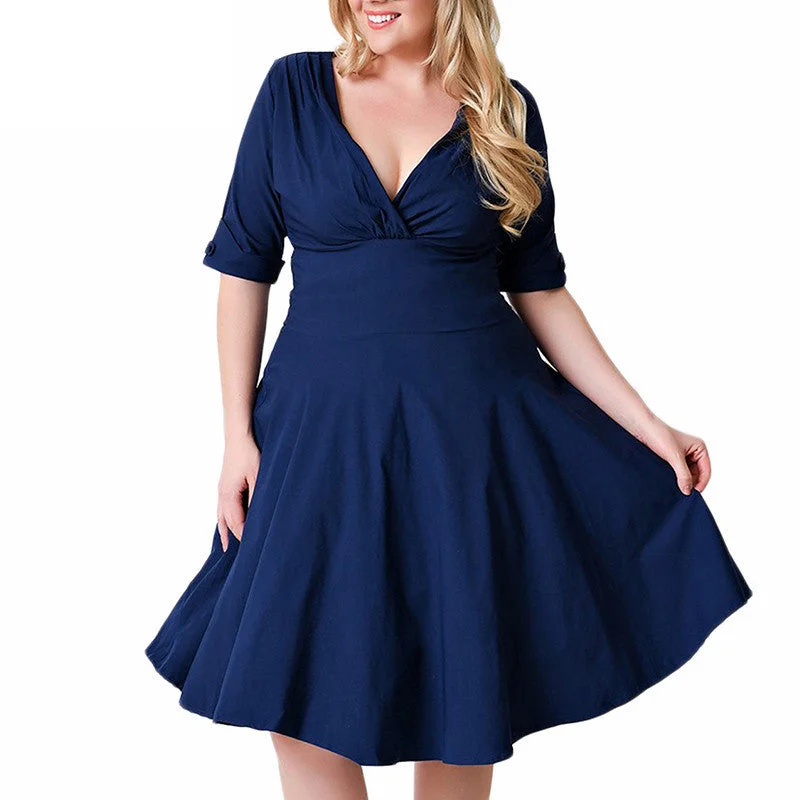 Plus Size Deep V Neck A-Line 1/2 Sleeve Elastic Knee-Length Dress Plus Size Swing