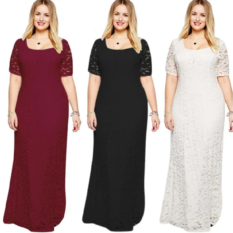 Plus Size Elegant Short Sleeve Lace Long Dress Summer Plus Dress