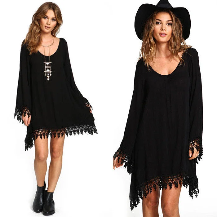 Plus Size Long Sleeve Tassel Black Short Dress Plus Size Day