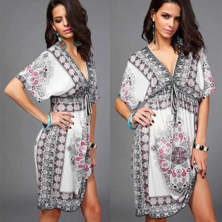 Plus Size Print V Neck Drawstring Loose Short Beach Dress Plus Size Skater