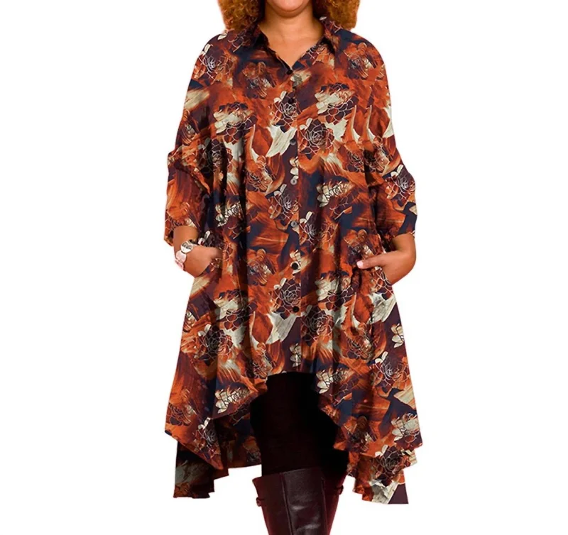 3/4 Sleeve Birdie Plus Size Tunic Dress With Pockets In Burnt Orange Brush Plus Size Cocktail