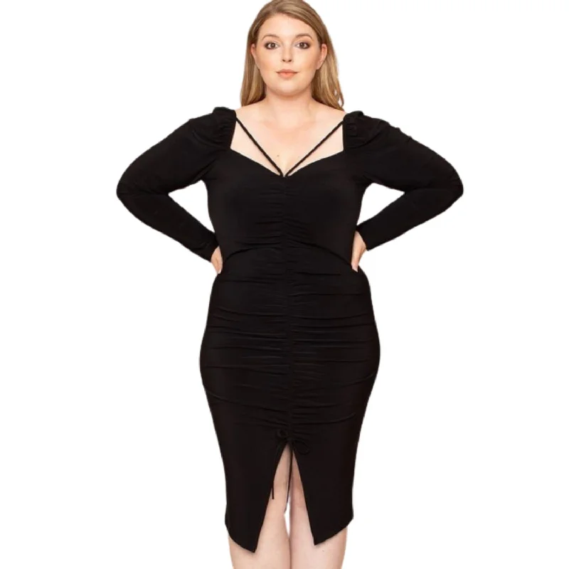 Deep Round Neck Shirring Detailed Back Plus Size Dress Flattering Plus Dress