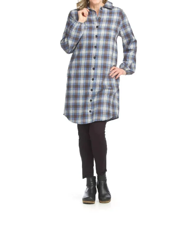 Fiona Plaid Button Down Shacket Or Shirt Dress In Blue/brown Summer Shirt Dress