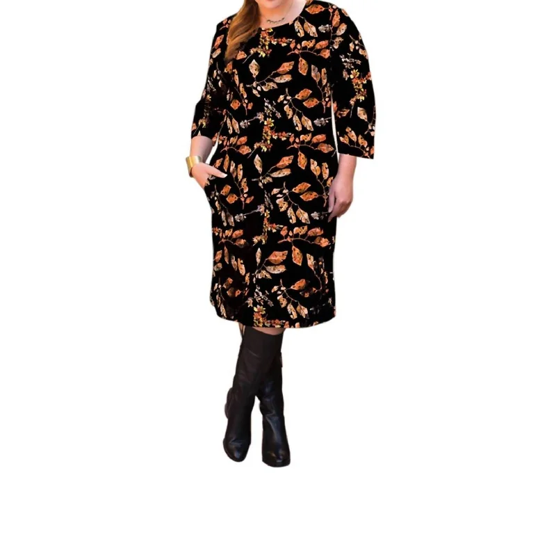 Lallie 3/4 Sleeve Dress With Pockets - Plus Size In Black Dry Leaves Casual Plus Gown