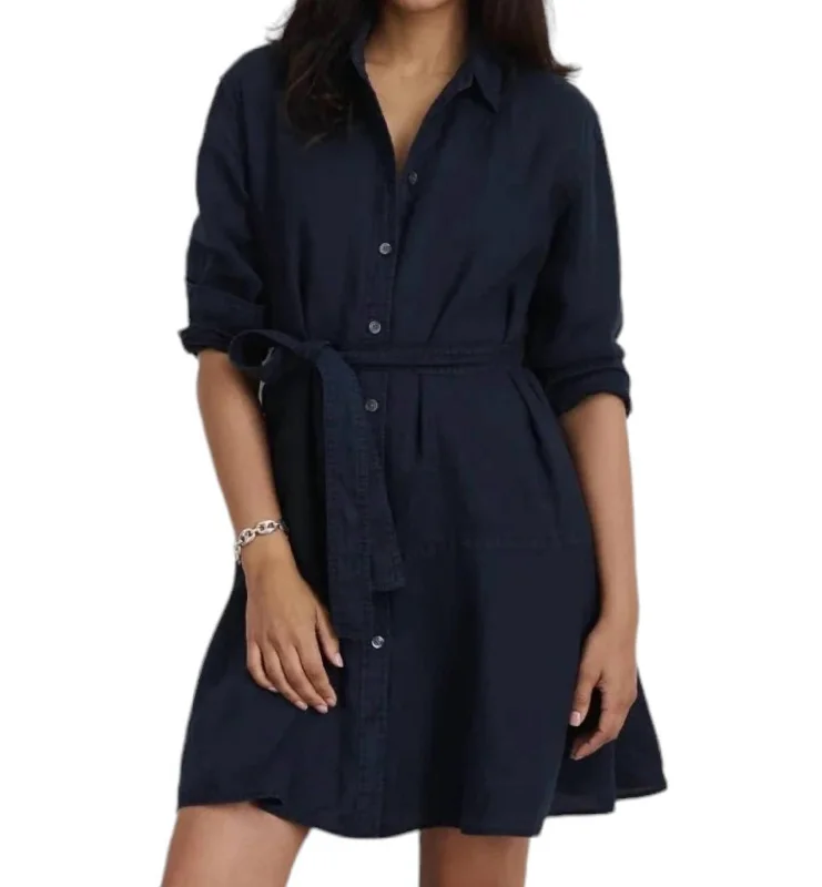 Lilia Shirt Dress In Navy Belted Button Dress