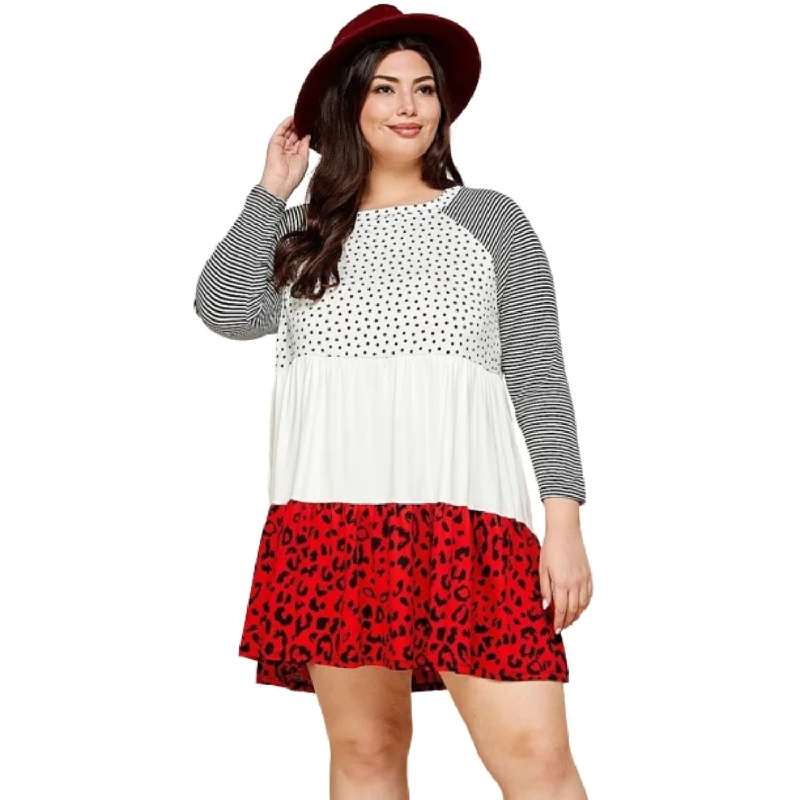 Plus Size Cute Polka Dot And Animal Print Contrast Swing Tiered Dress Stylish Plus Size