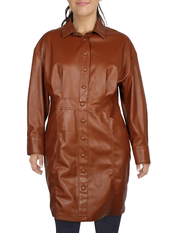 Plus Womens Collar Faux Leather Shirtdress Basic Shirt Dress