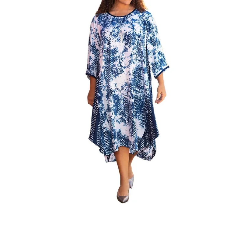 Printed Rayon 3/4 Sleeve Edyth Dress - Plus Size In Ari Navy Dot Trendy Plus Gown