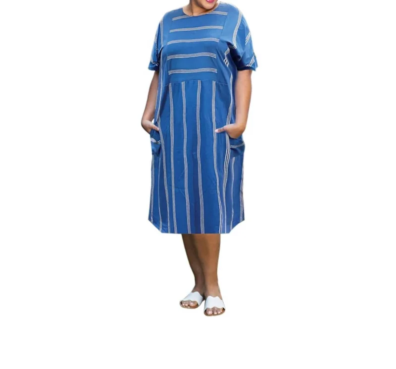 Printed Short Sleeve Double Pocket Jaclyn Dress - Plus Size In Blue Stripe Plus Size Ruffle