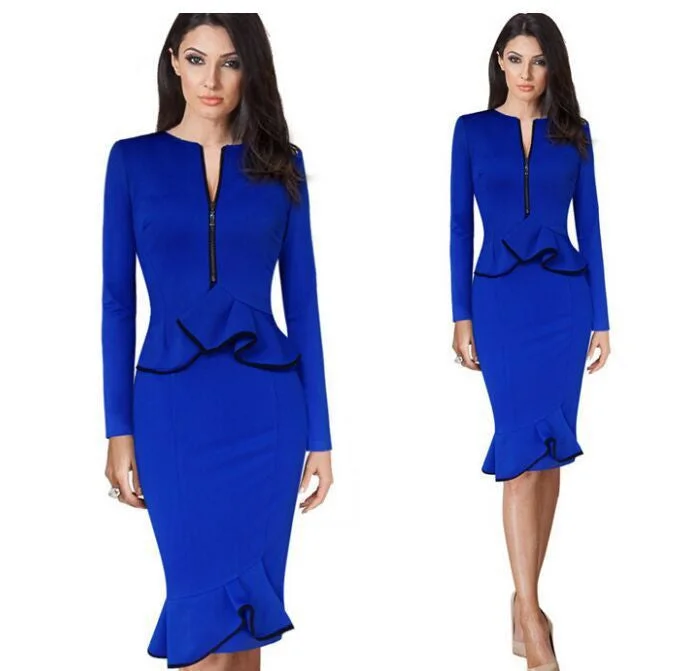 Scoop Ruffle Long Sleeve Mid-Calf Plus Size Pencil Dress Plus Size Knee-length