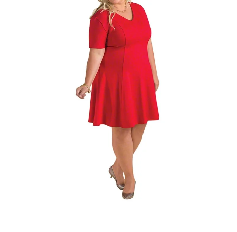 Short Sleeve V-Neck Ponte Fit And Flare Dress - Plus Size In Bright Red Bold Plus Size