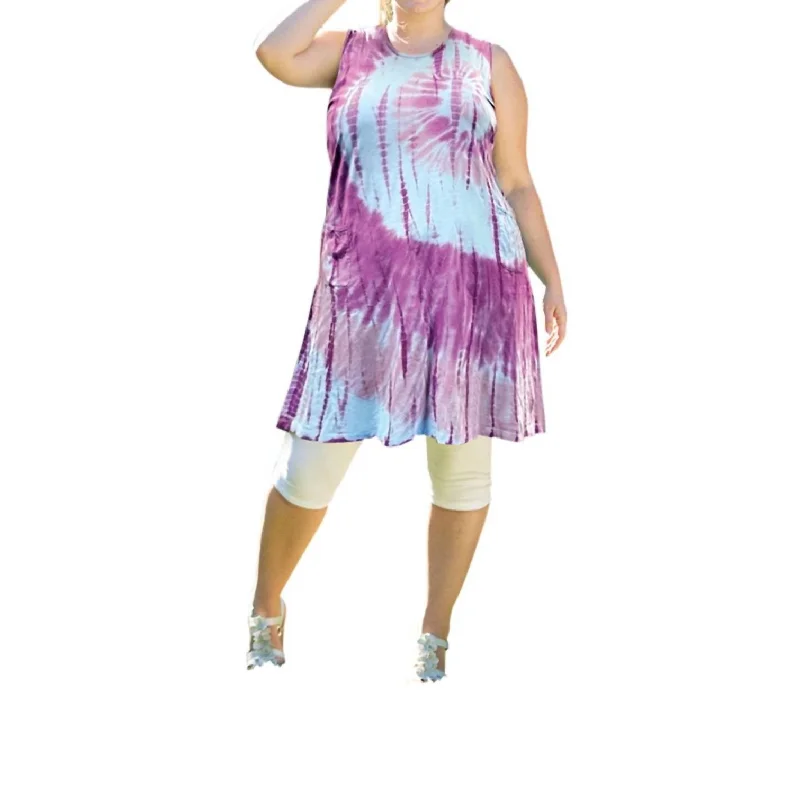 Tie Dye Sleeveless Ana Tank Dress - Plus Size In Purple Tie Dye Comfortable Plus Dress