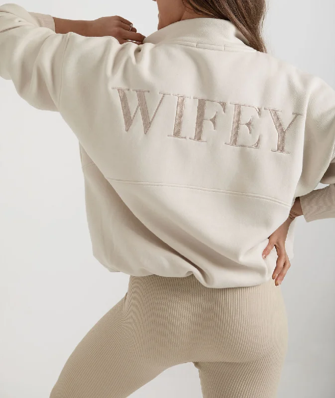 Wifey Quarter Zip Sweatshirt - Champagne Shirt Dress Casual