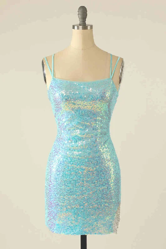 Double Straps Blue Sequined Bodycon Homecoming Dress All-black Bodycon Dress