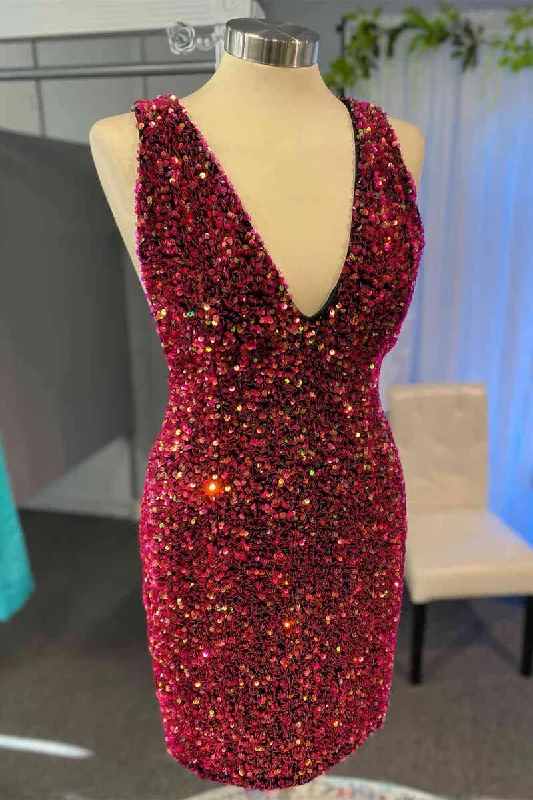 Glitter Burgundy V-Neck Sequined Bodycon Homecoming Dress Bodycon Dress Party