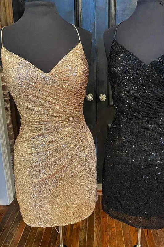 Glitter Pleated Gold Sequines Tight Homecoming Dress Sleek Bodycon Dress