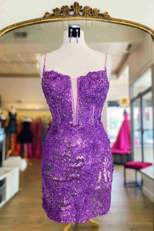 Lilac Sequins Appliqued Bodycon Homecoming Dress with Feather Sexy Slim Dress