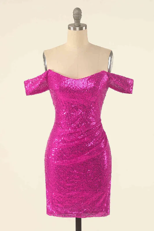 Neon Pink Off the Shoulder Sequined Bodycon Homecoming Dress Simple Bodycon Dress