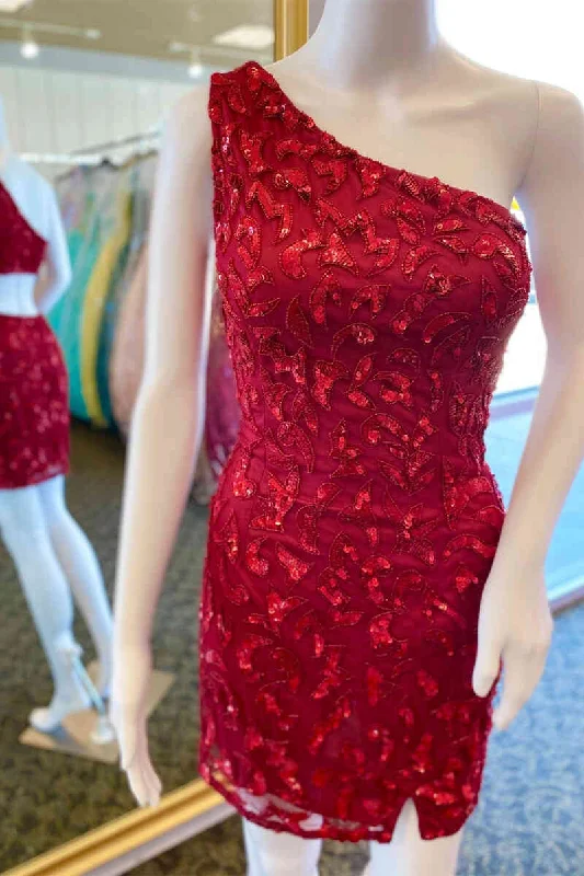 One Shoulder Red Tight Homecoming Dress with Sequin Appliques Sleeveless Bodycon Gown