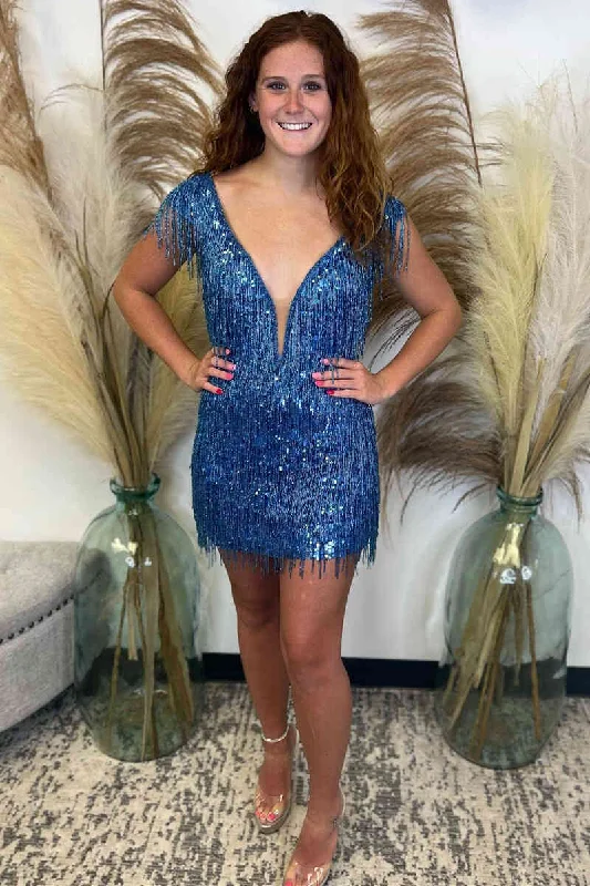 Plunging Neck Tight Blue Homecoming Dress with Fringe Trendy Bodycon Gown