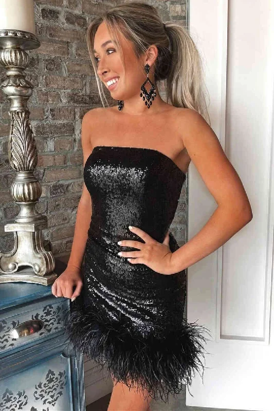 Strapless Black Sequins Tight Homecoming Dress with Feather Hem Sleeveless Bodycon Dress