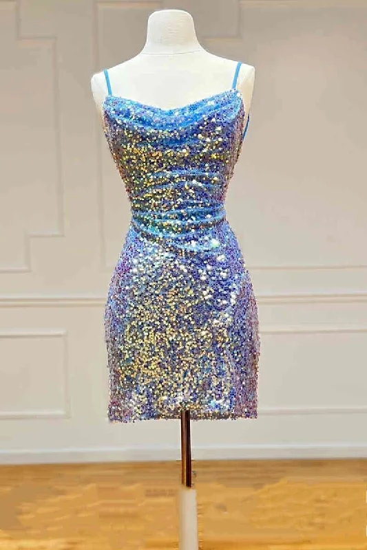 Tie Back Blue Iridescent Sequin Bodycon Homecoming Dress Chic Bodycon Fit