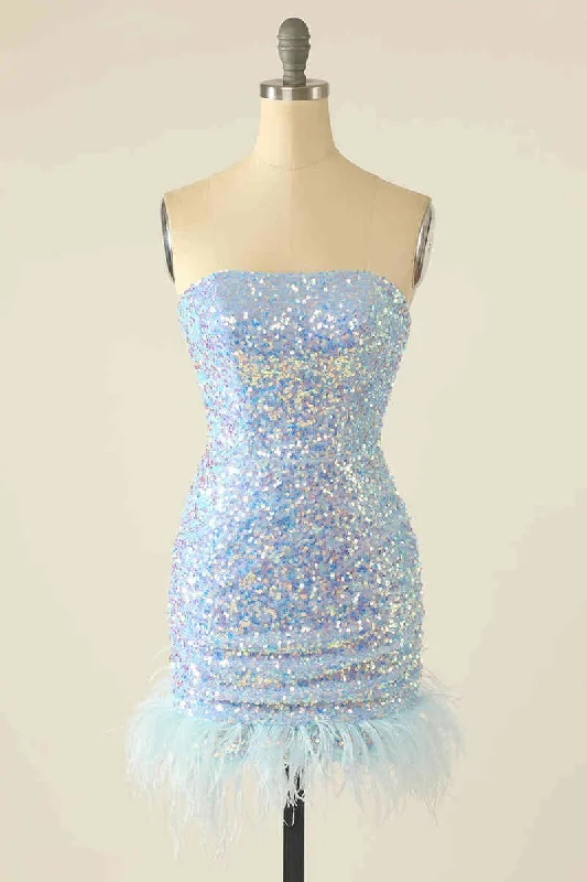 Tight Baby Blue Iridescent Sequins Homecoming Dress with Feather Form-fitting Bodycon Dress