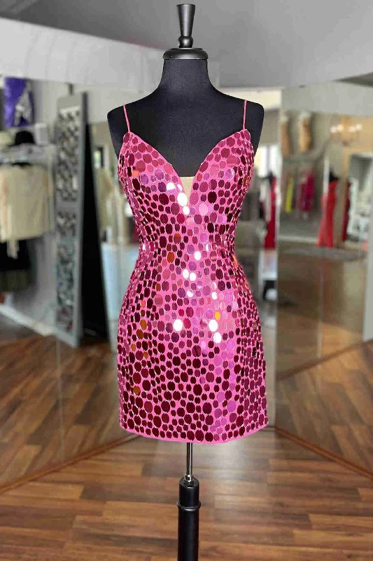 Tight Hot Pink Glass Mirror Sequined Homecoming Dress V-neck Bodycon Dress