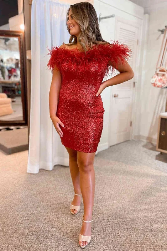 Tight Off the Shoulder Red Feather Bodycon Homecoming Dress Bodycon Dress Chic