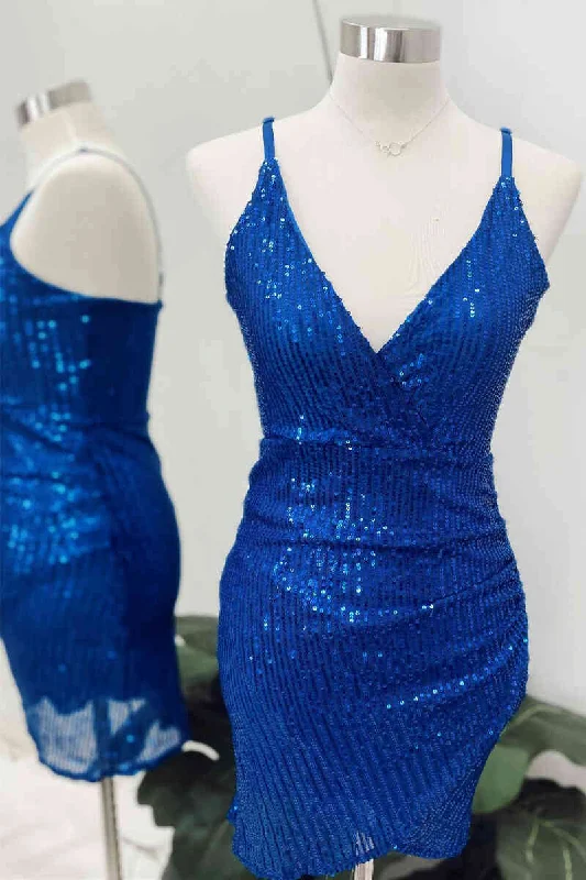 V-Neck Sequined Blue Bodycon Homecoming Dress Plunging Bodycon Dress